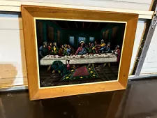 Vintage The Last Supper Painting Black Velvet Signed RSRodriguez 23 x 17 Framed