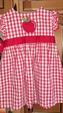 Girls Red Gingham Apple Applique Tie Dress Ric Rac Sleeves Size 3t Lil Cactus