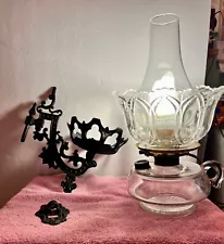 Vintage 1940s Glass Oil Lamp Electrified & Cast Iron Wall Mount Swing Bracket