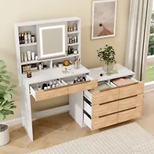 Vanity Table with Sliding LED Mirror and 8 Drawers Dresser Desk 3 Lighting Color