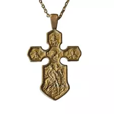 Vintage Gold Orthodox Cross Necklace with Crucifix and Icon of the Mother of God