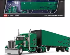 Peterbilt 359 with 63 Mid-Roof Sleeper and Utility Roll Tarp Trailer Green with