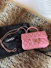 CHANEL 23A Bubblegum Pink Mini Top Handle Classic Flap Bag Champagne Gold Hw