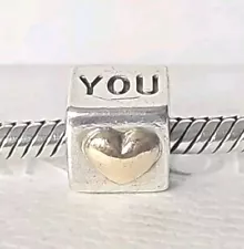 Genuine Pandora Bracelet Charm - Silver & 14k Gold I Love You Cube 925 ALE