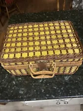 Vintage Woven Wicker Picnic Basket, Suitcase Style With Cups and Plates ! LOOK !