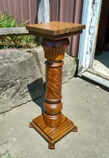 Antique Quarter Sawn Oak Pedestal Plant Stand Fluted Column 1930s