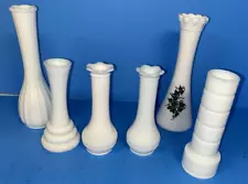 Lot 6 Vintage White Milk Glass Mixed Vases Wedding Farm Table Decor 6” - 9"