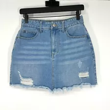 Forever 21 Denim Skirt Womens Size Small Distressed Fray Hem Mini Blue Jean NWT