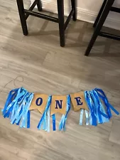 ONE High Chair Banner for First Birthday Party-Blue & Burlap