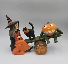 Vtg Witch Teeter Totter Black Cat Pumpkin Jack-o-lantern Halloween Figurine