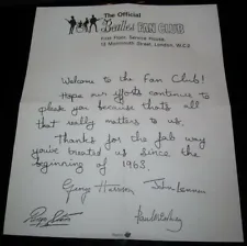 BEATLES Fan Club Letter Autographs all of Fab Four Rock n Roll Pop Music Old UK