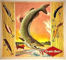 Vintage GRAIN BELT Beer Pressed Plastic Molded Sign-FISHING EXCELLENT COND