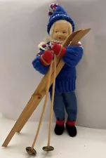 Vintage Ronnaug Petterssen Norway Girl with Skis Poles 7.5" Felt Doll W Tag