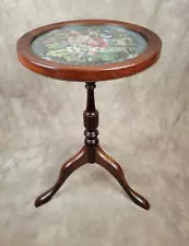 Vintage The Bombay Company Wooden Pedestal Stand Side Table w/ Cross Stitch