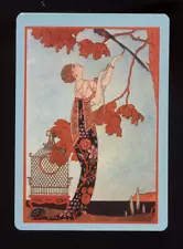 WIDE MODERN ART DECO EXOTIC WOMAN ORIENTAL CLOTHES TREE ORANGE LEAVES BIRD CAGE