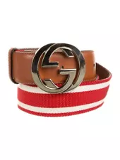 Gucci Web Red White Belt 120/48 Canvas Brown Leather Silver Interlocking Buckle