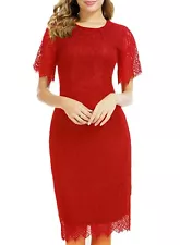 MSLG Red Lace Evening Dresses for Women Elegant Round Neck Short Sleeves