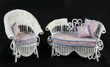 Miniature dollhouse white wicker settee & chair floral seat cushion & pillows