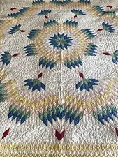 Vintage 1930’s Finely Quilted Broken Star Rainbow Colors Quilt 84” X 86”