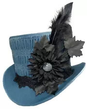 Blue Velvet Riding Top Hat Gothic Victorian Jeweled Elegant Steampunk