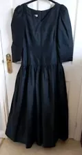 Vintage Thai Silk Full Length Drop Waist Black Dress padded sleeves Size UK 14