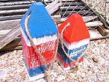 Two Maine style Lobster buoys, Nautical garden Decor, Wooden Fishing Buoys