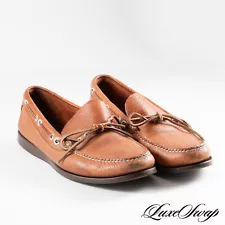 LL Bean Made in Maine Whiskey Tan Grained Unlined Leather Moccasin Shoes 9 NR