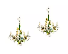 PAIR of French floral 5 bulb antique tole ware chandeliers- hand painted 1920's