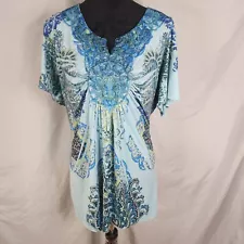 ONE WORLD LIVE & LET LIVE Size 1X Blue Medallion Sublimation Flutter Sleeve Top