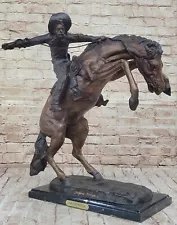 100% Bronze Statue Lg 23"L Remington Bronze cowboy w/Horse Sculpture WOOLY DECO