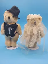 Bride & Groom Teddy Bear Plush Stuffed Animal 9" Tuxedo Wedding Dress w/ Stands