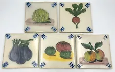 Vtg. FABRICA SANT'ANNA Hand Painted VEGETABLE Tiles/Trivets 5.5" LISBOA PORTUGAL