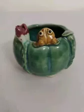 Pottery Frog Figurine Bowl Trinket Dish Succulent Planter 3" Tall