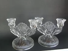 1930s Jeanette Glass Iris & Herringbone DEPRESSION GLASS CANDLE HOLDERS PR *SALE