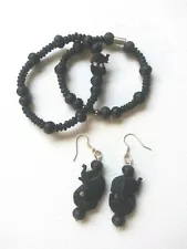 ELEPHANT Shapes Earrings for Pierced Ears + 2 Bracelets Hand Carved Wood Beads