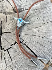 Steer Head Bolo Tie - Genuine Turquoise Stone and Coral Inlay - Gifts for Him C