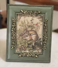 Green Gold Flowers Framed Pair Of Chipmunks 7” Tall 5 1/4 Wide