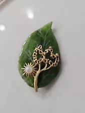 New Listing14K Gold Pearl Carved Jade Leaf Brooch Artist Signed