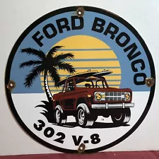 VINTAGE 1973 DATED FORD BRONCO 302 V8 V-8 PORCELAIN DEALER SALES SIGN