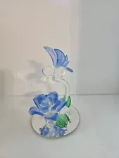 Blue/Clear Glass Hummingbird with Flower on Mirror Figurine