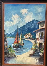 Mediterranean view painting by Camprio. Collector Estate Sale. Art Is 23.5x35.5