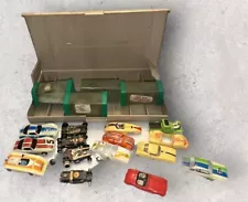 Aurora slot car pit case with AFX cars and parts