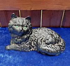 Vintage Hubley Style Cast Iron Lounging Persian Black Cat Doorstop Green Eyes