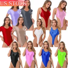 US Women Shiny Swimwear One Piece Swimsuits 80s High Cut Thong Leotard Bodysuit