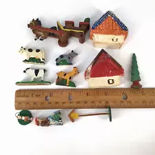 Vtg Putz German & Japan Miniature WoodVillage Farm Animals Chalet Houses Cow Dog