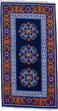 Navy Blue Floral Hand Carved 3X6 Chinese Style Oriental Hand-Knotted Rug Carpet