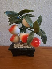 VTG Peach Tree Jade Bonsai Carved Stone Miniature Fruit Tree 6" Chinese