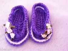 BABY SANDALS FLIP FLOPS SHOES CROCHET Siz 0-3 Mo Purple White Trim White Flowers