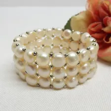 MULTI ROW GENUINE BUTTON PEARL BEAD BRACELET 1" WIDE