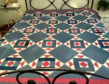 Handmade Patriotic Red White & Blue Patchwork Quilt 76x79” Vintage Farmhouse